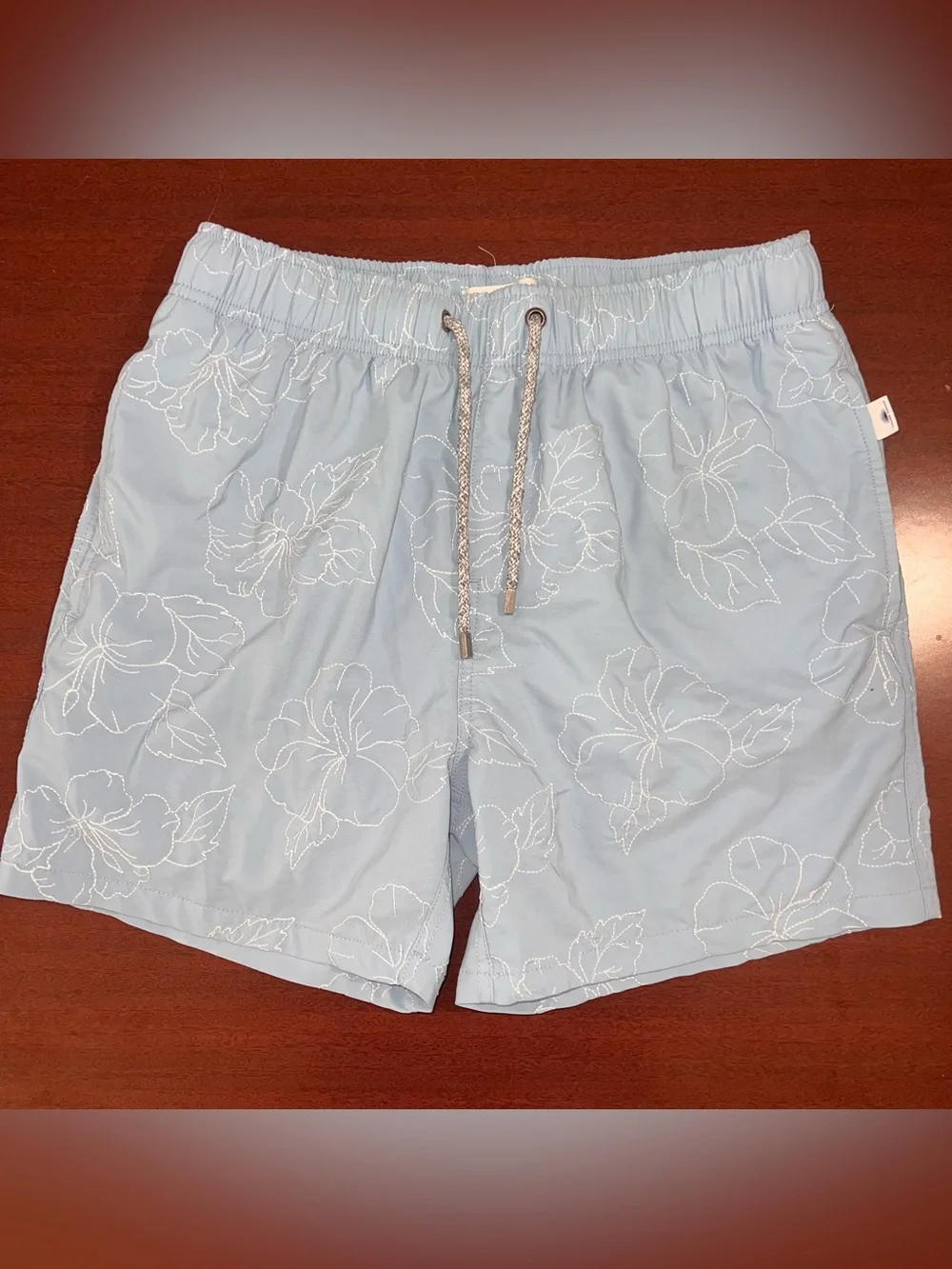 Light Blue Floral Men's Swim Board Shorts with Drawstring